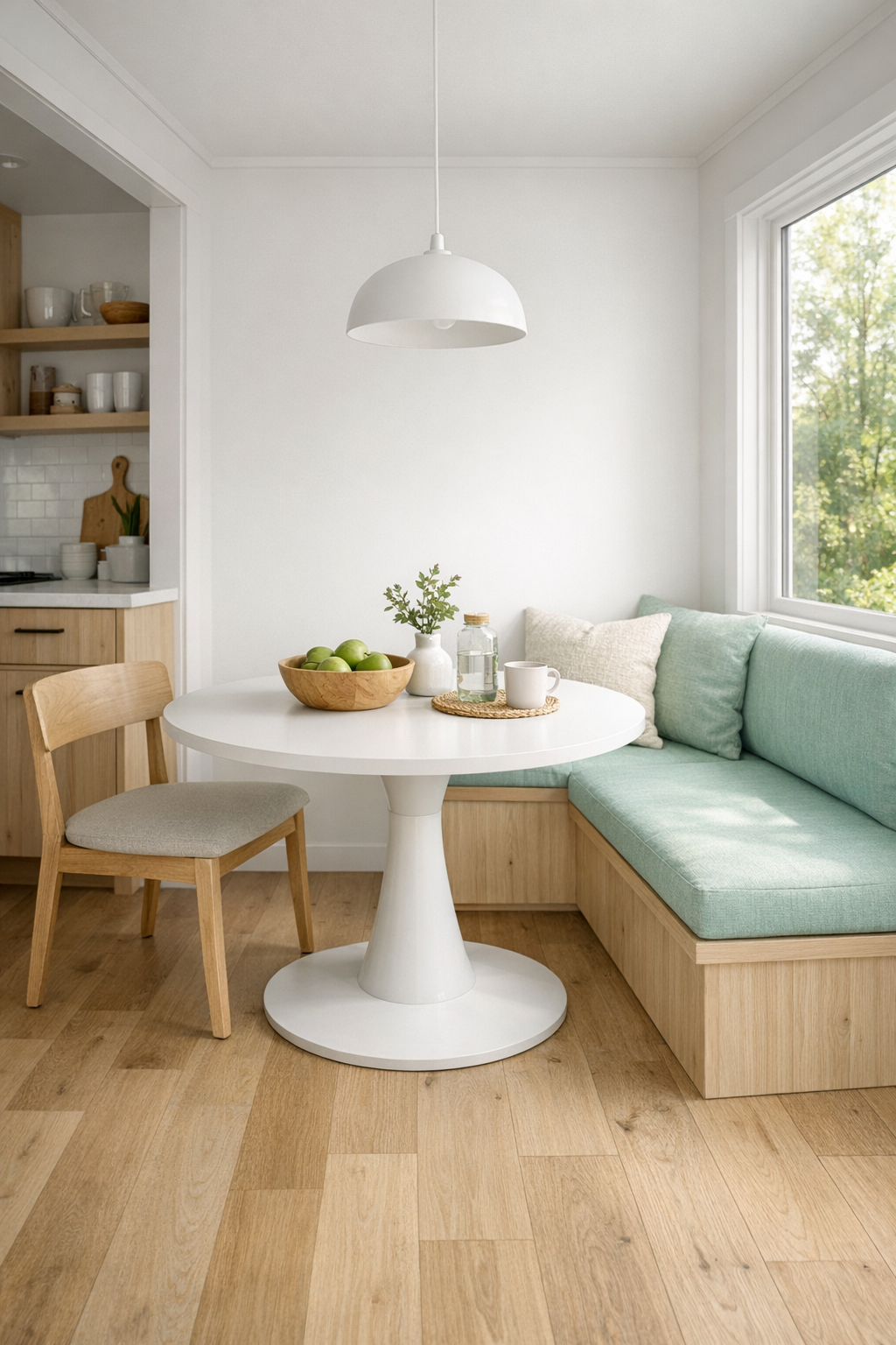 Compact dining area with round pedestal table, light wood tones, and subtle mint seating