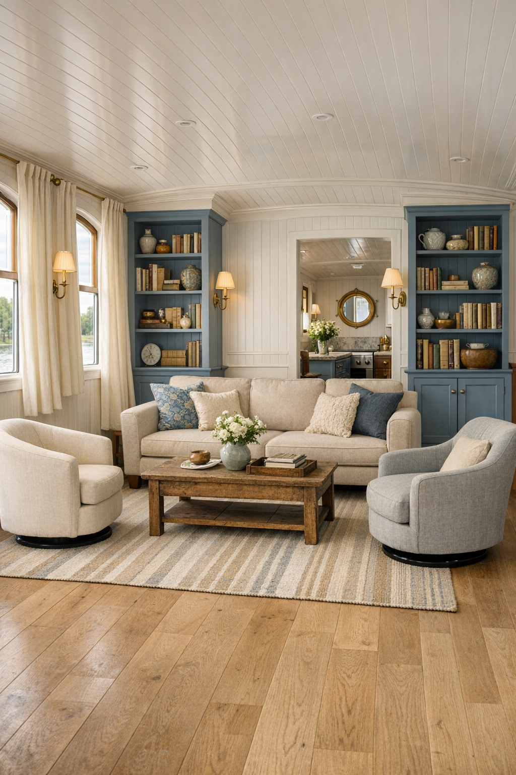 Victorian-inspired accessible living room with pale oak floors, blue built-ins, and tall windows