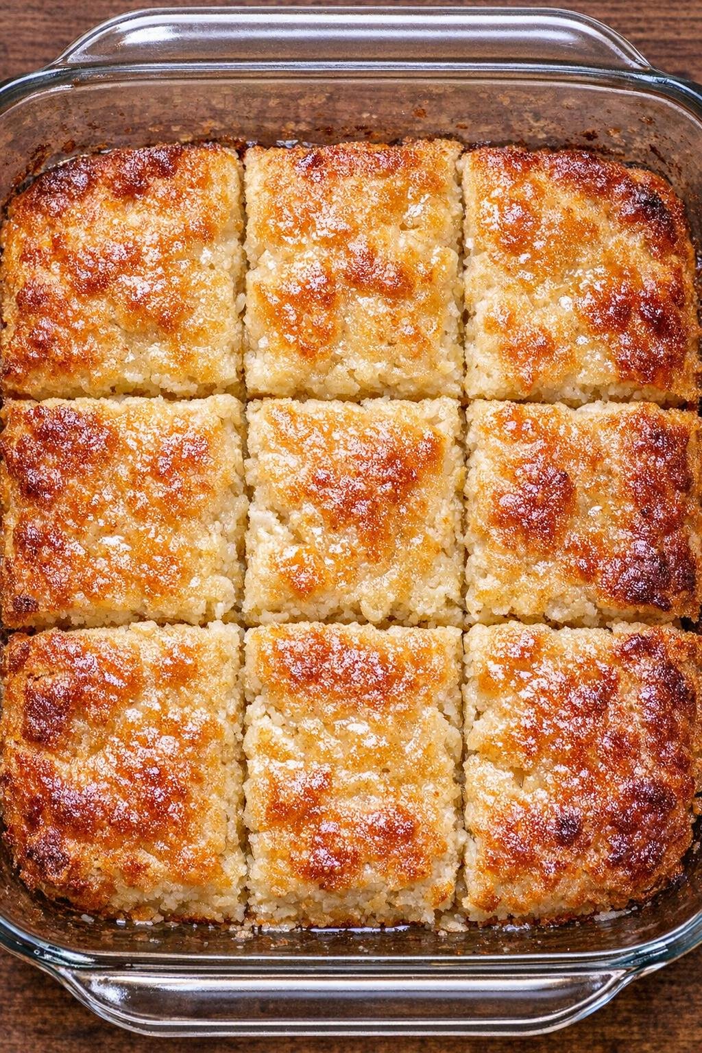 Southern 3-ingredient savory biscuit squares in a glass casserole dish