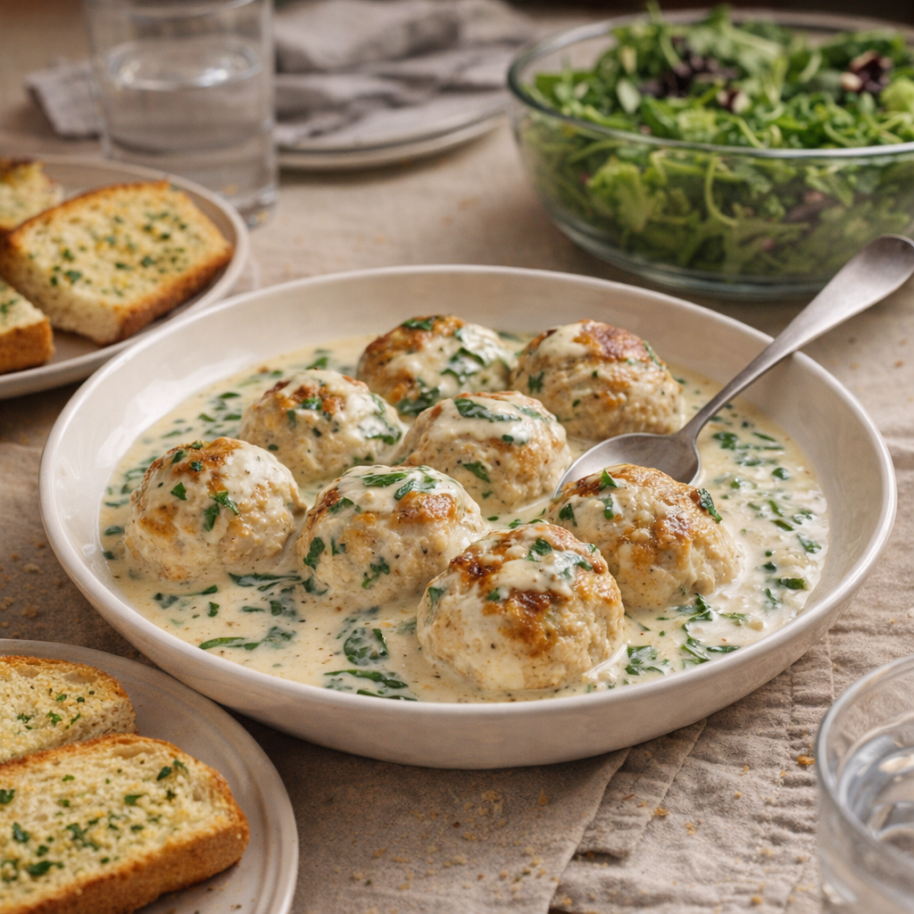 Family-style serving of chicken meatballs with sauce and garlic bread