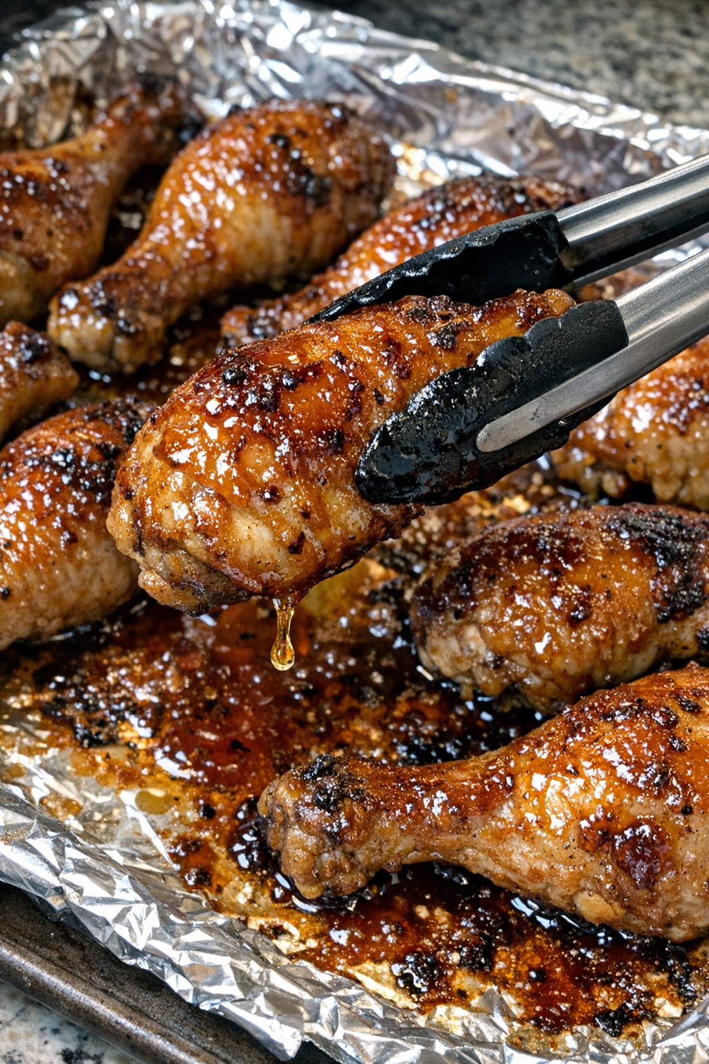 Glossy honey-glazed chicken drumsticks on a foil-lined baking sheet