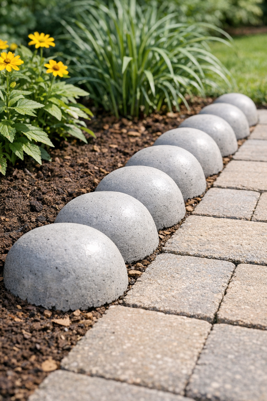 Finished domed cement patio edging installed along a garden border