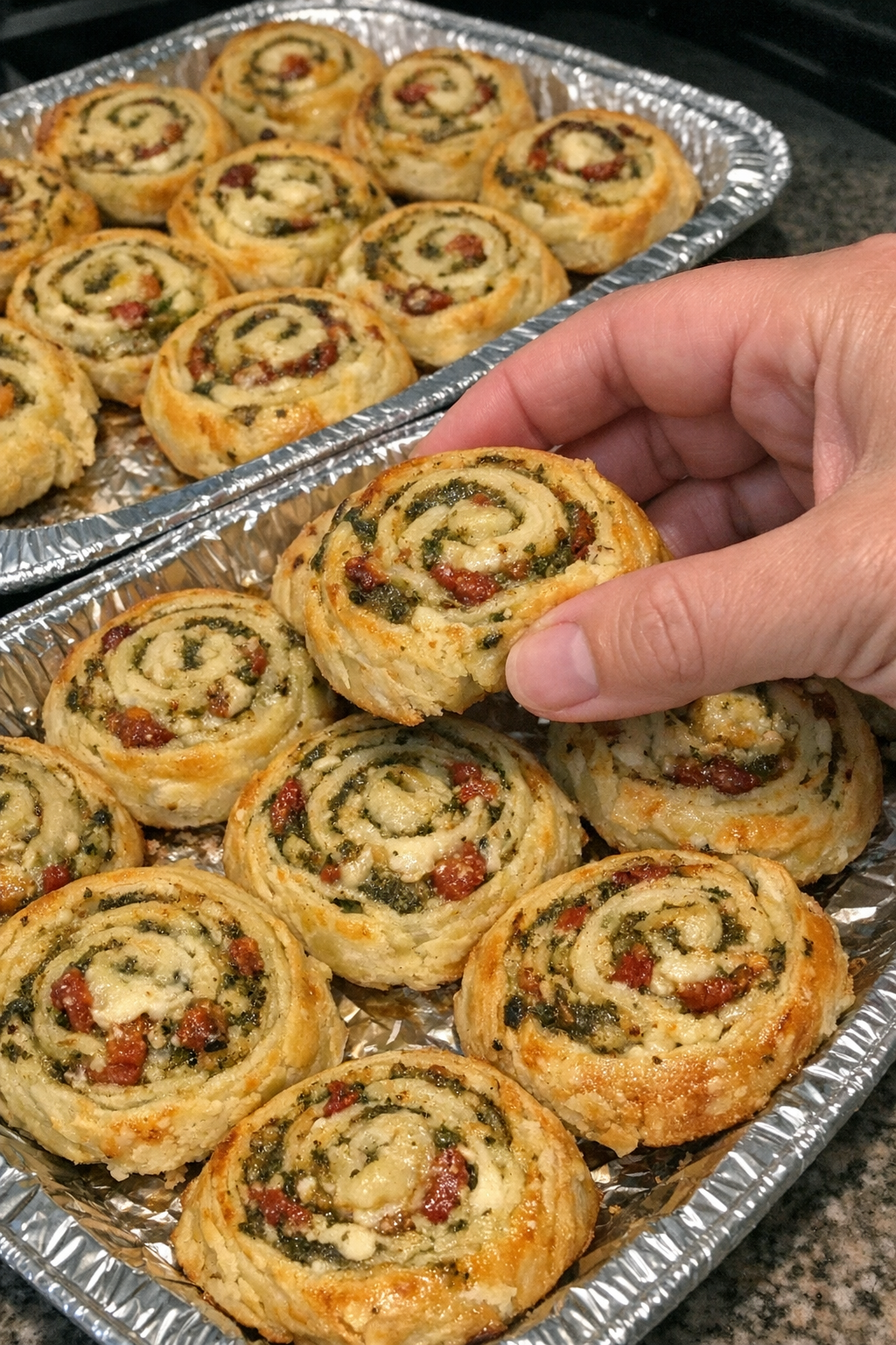 Oven baked pesto sun dried tomato cream cheese pinwheels on foil trays