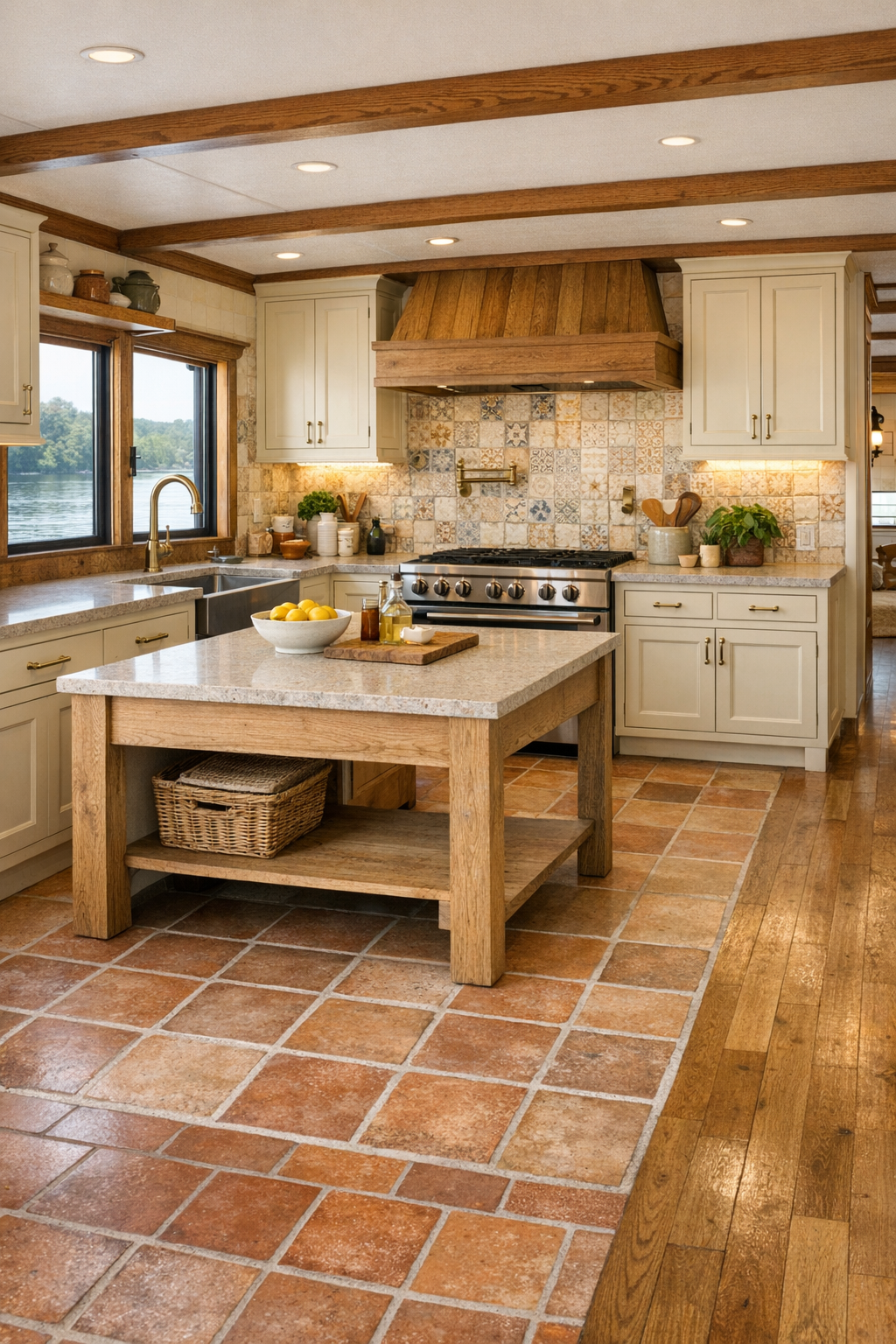 Accessible Tuscan-inspired kitchen with warm cream cabinetry, travertine-look counters, and an open farmhouse-style layout