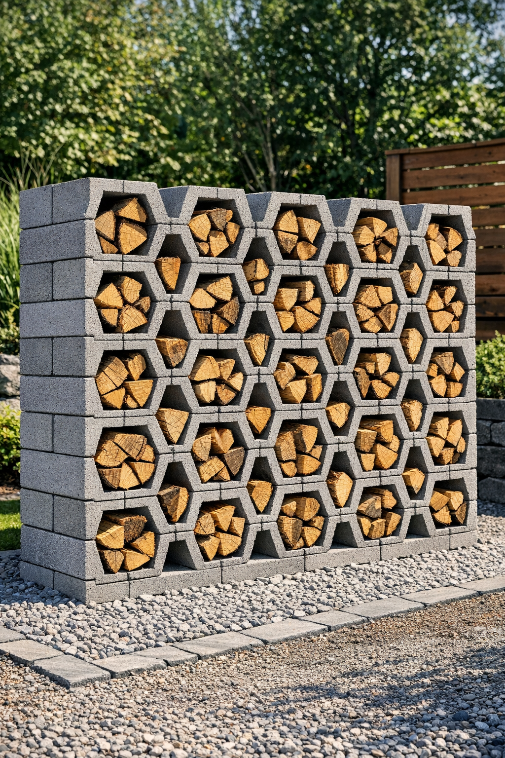 Finished honeycomb cinder block firewood storage filled with neatly stacked firewood