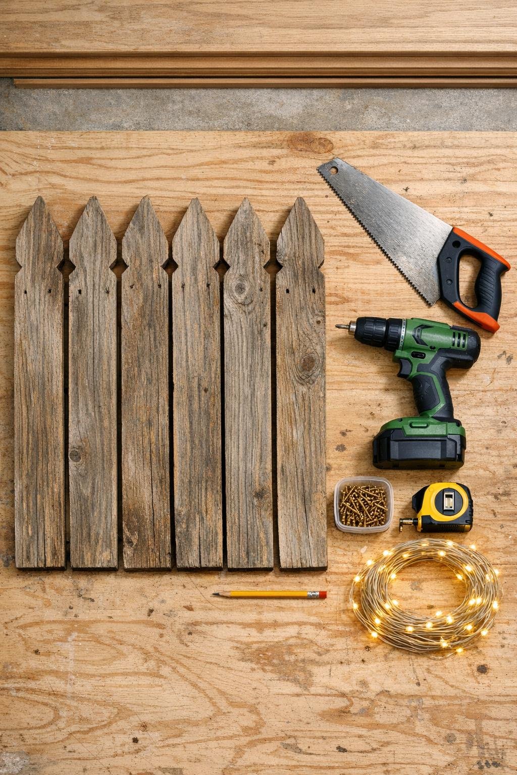 Old fence pickets, tools, screws, and string lights laid out for the project