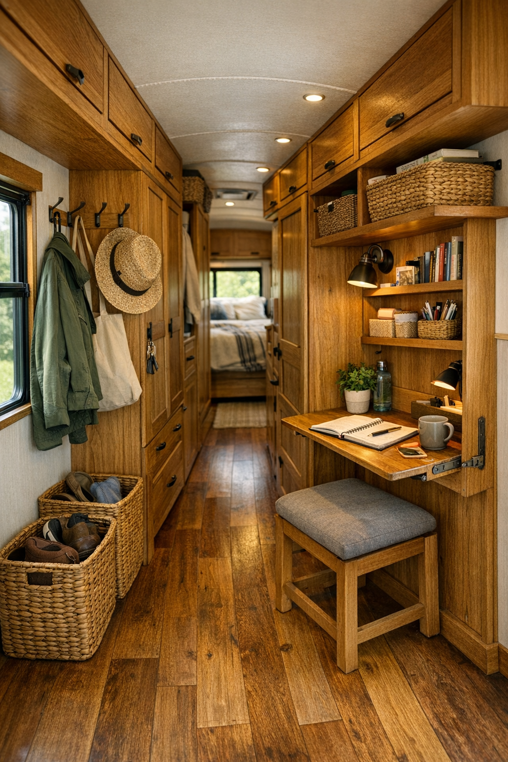 Functional bus hallway and built-in storage area with fold-down desk nook