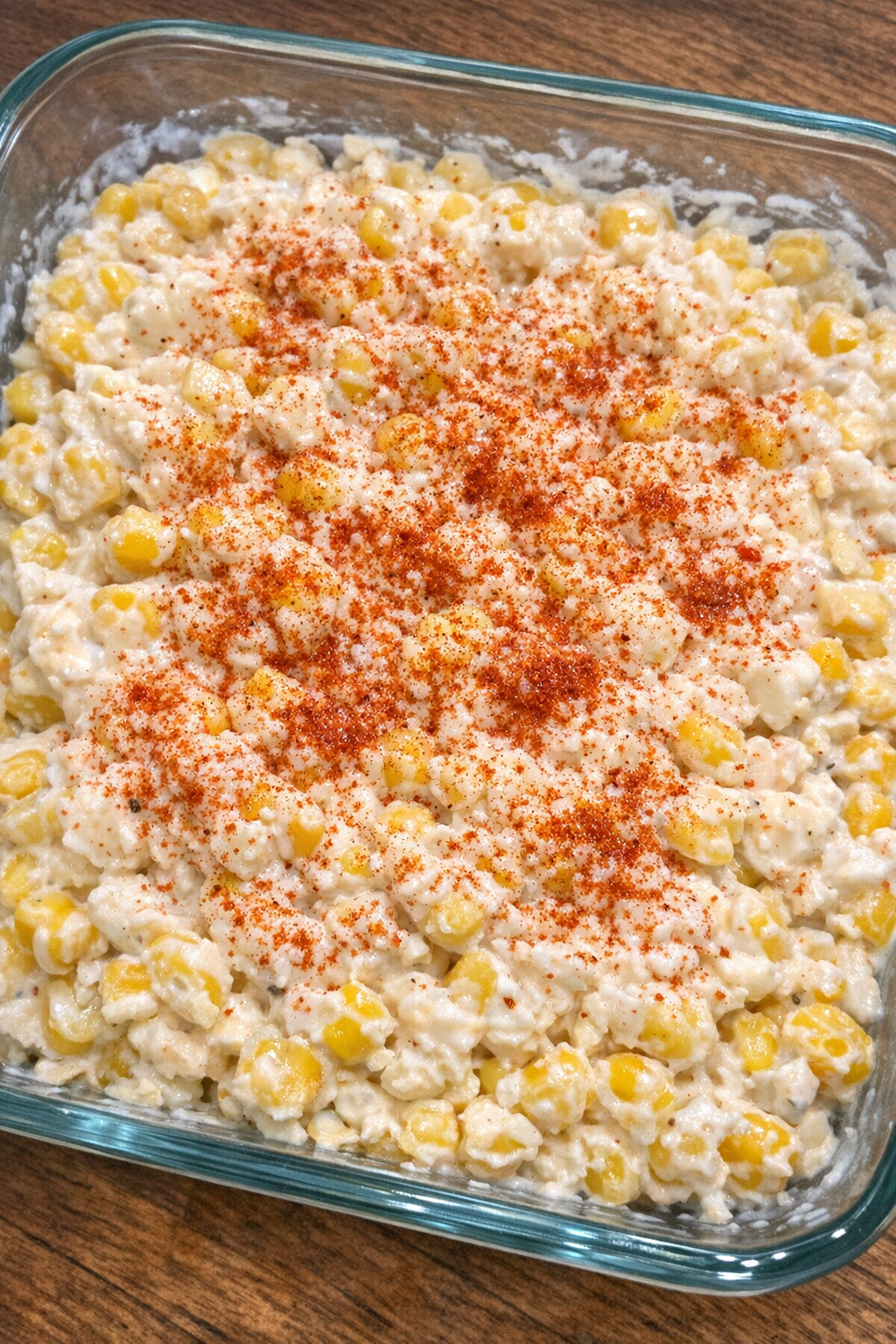 4-ingredient street corn dip in a glass baking dish