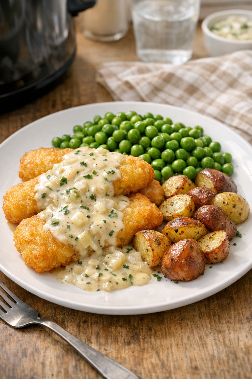 Plated slow cooker battered fish with vegetables