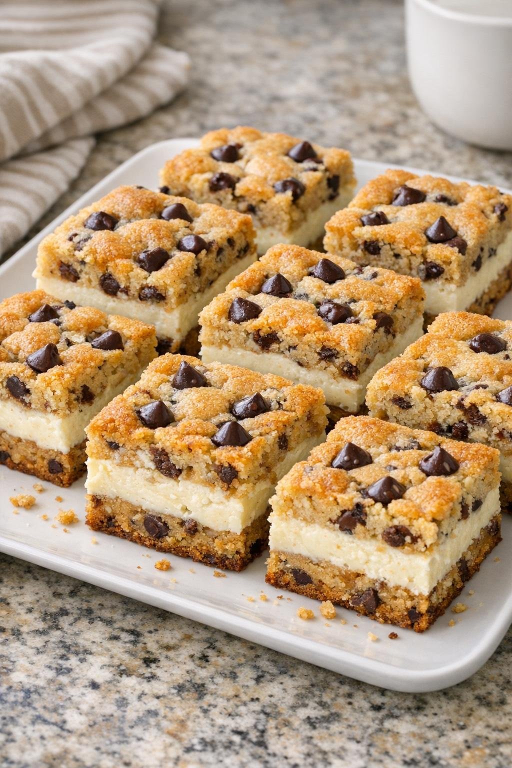 Finished cookie dough cheesecake bars on a platter