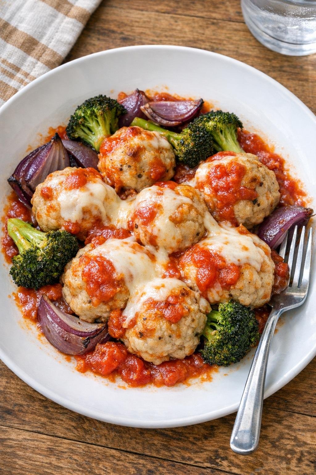 Finished baked chicken meatballs with sauce and vegetables