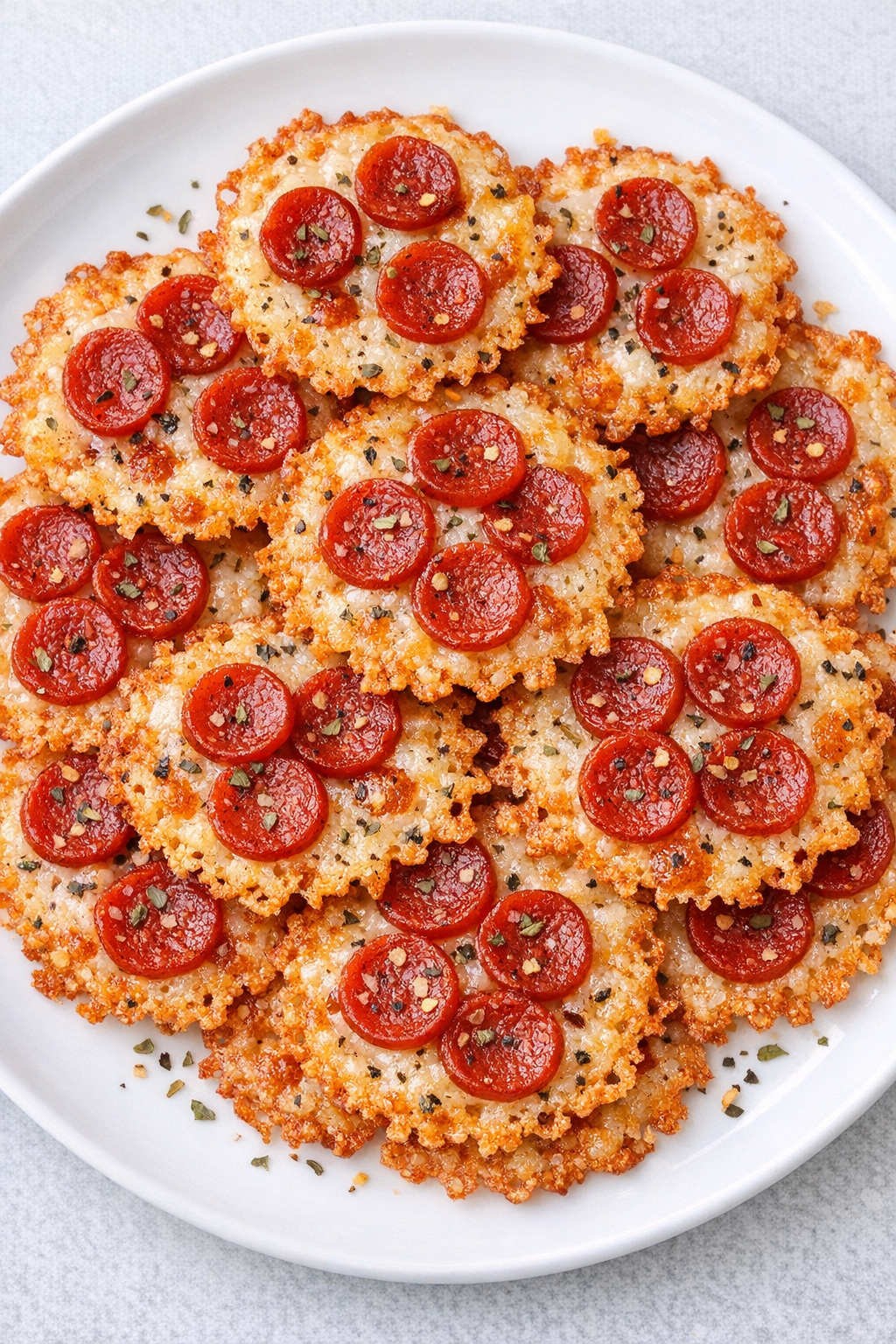 Low carb pepperoni mozzarella crisps on a white plate