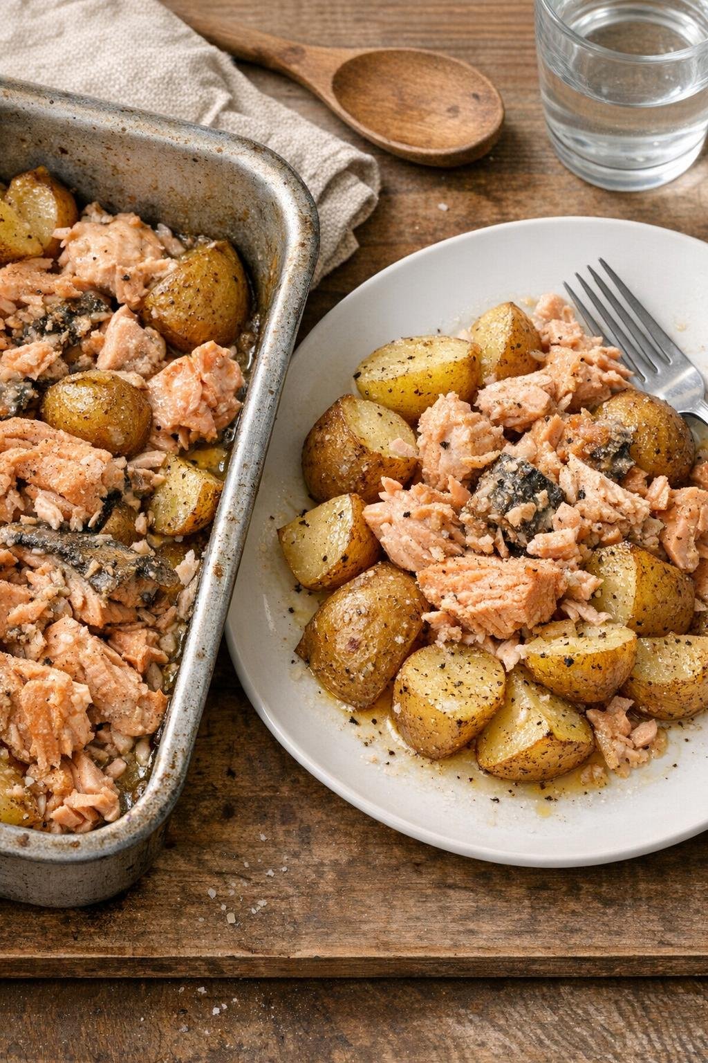 Finished baked salmon and potatoes in a rustic roasting pan