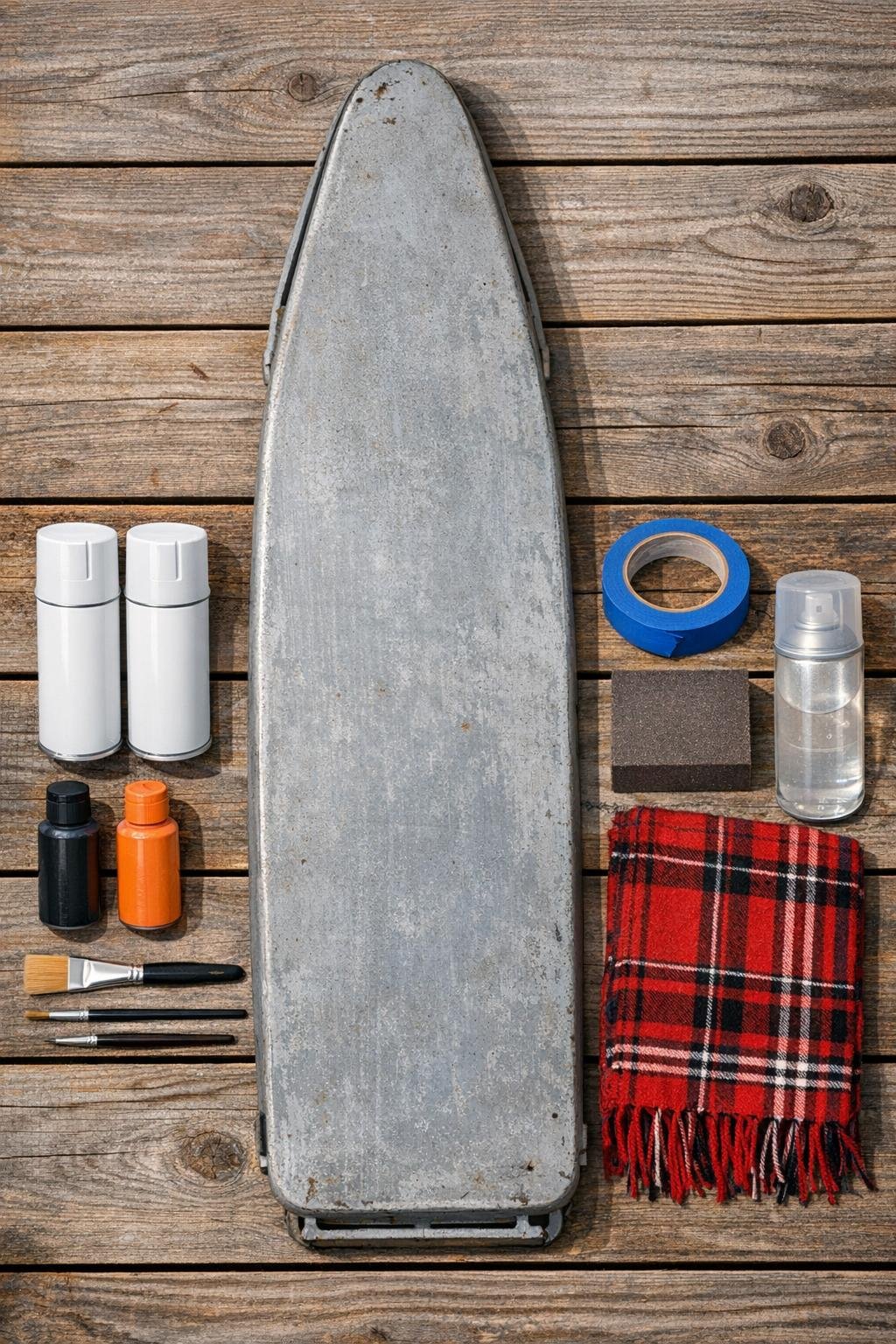 Materials for the ironing board winter porch project laid out together