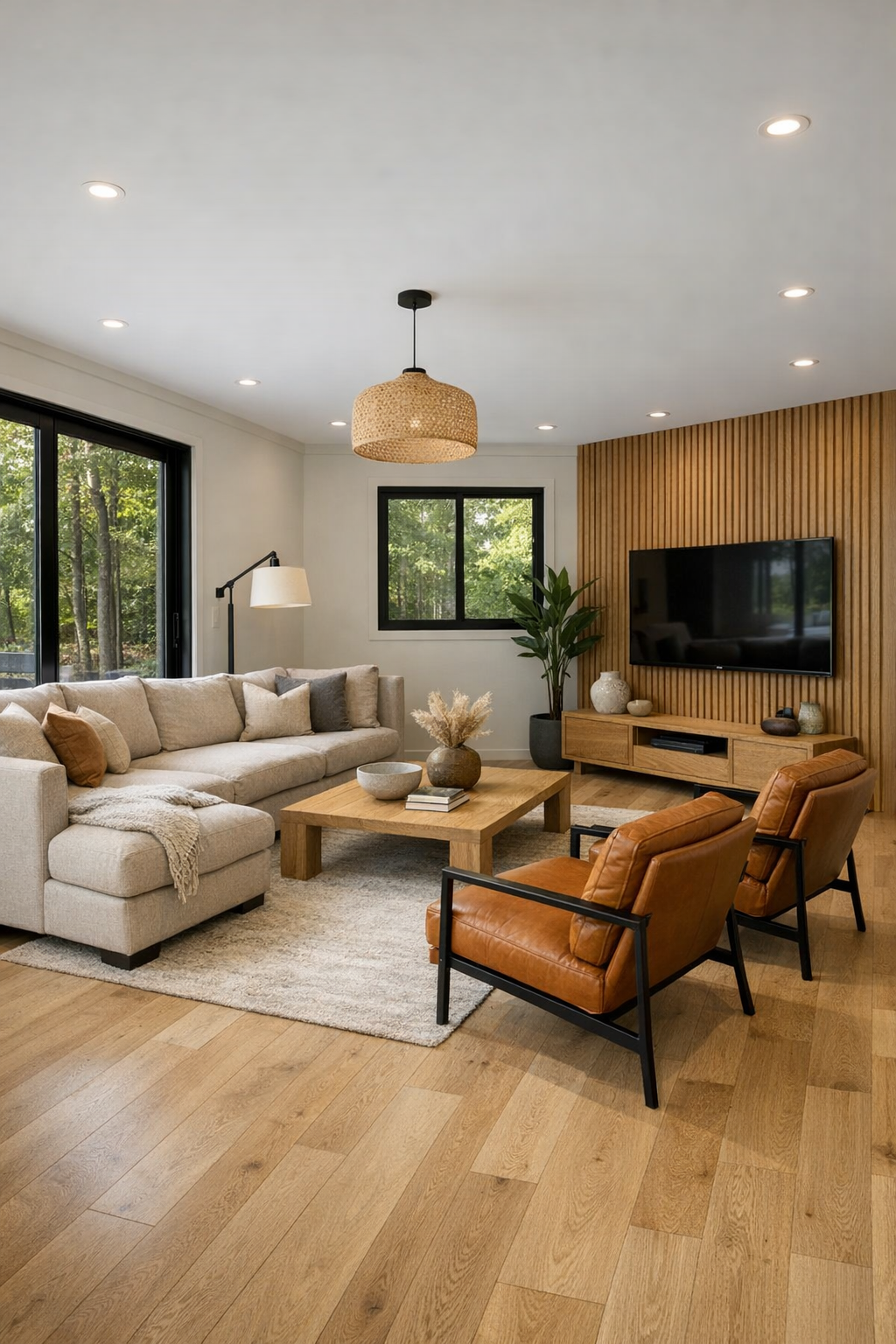 Bright accessible living room with a linen sectional, oak floors, caramel leather chairs, and fluted wood accents