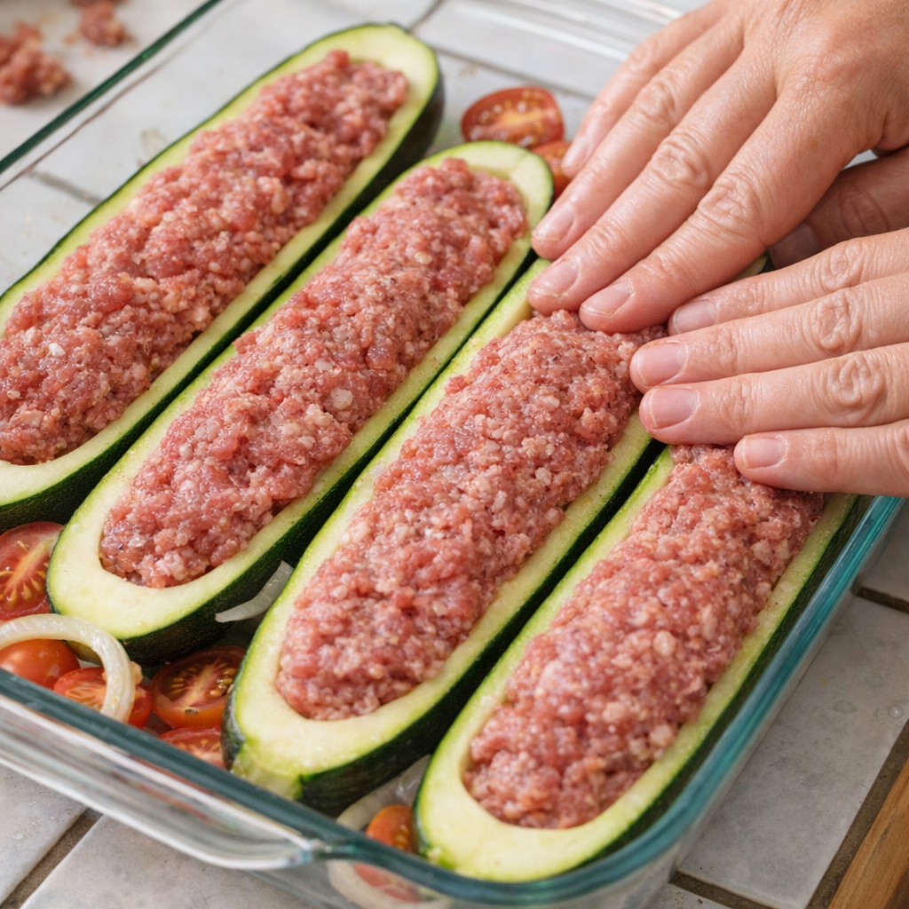 Raw beef pressed into zucchini boats