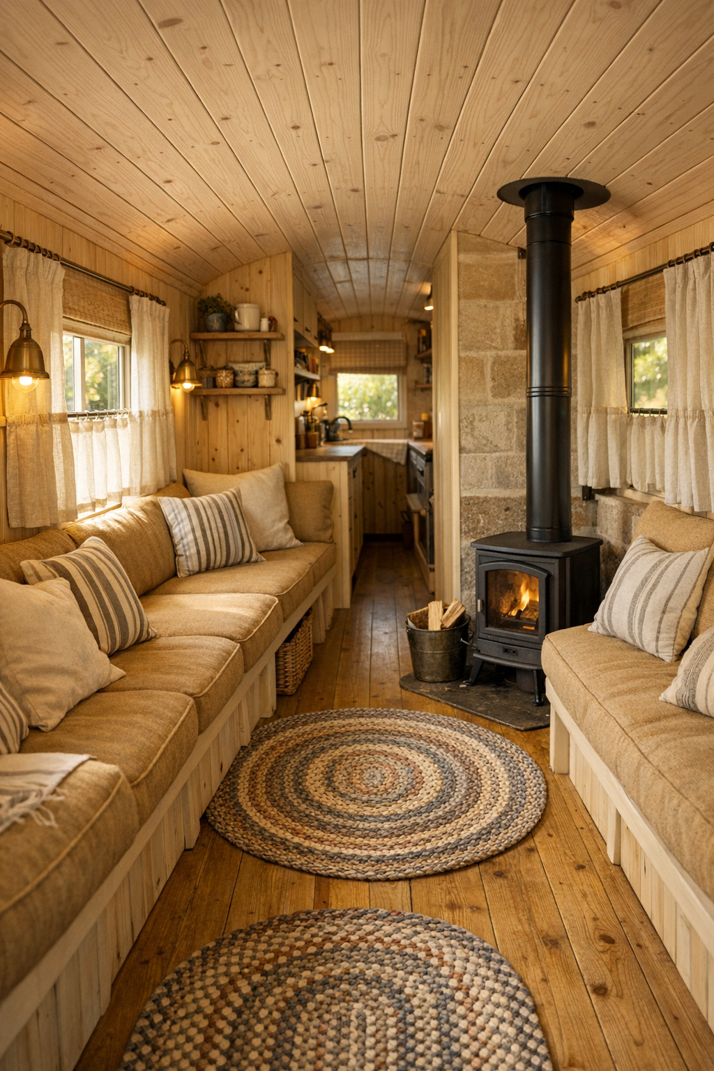 Cozy bus living room with built-in bench seating, wood stove, and pale pine finishes