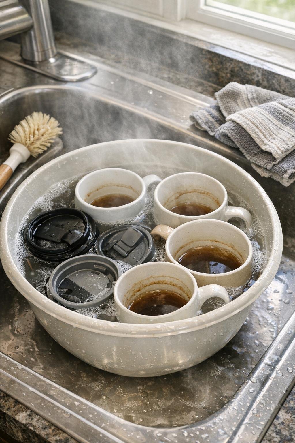 Stained mugs and insulated drink lids soaking for tannin removal