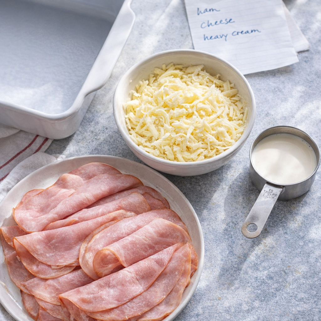 Simple ingredients for ham and cheese bake arranged on a kitchen counter