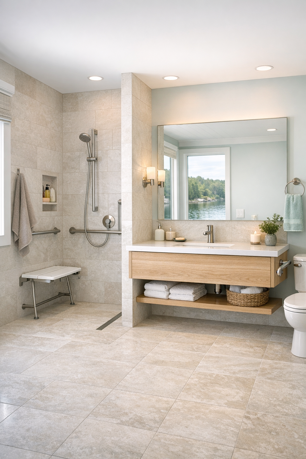 Curbless bathroom with pale stone tile, floating wood vanity, and soft natural light