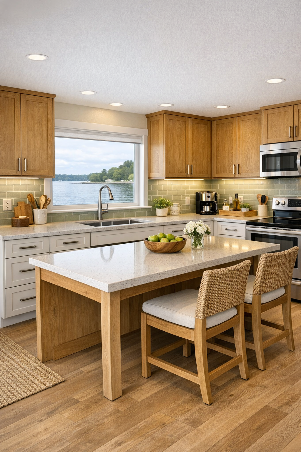 Warm coastal kitchen with oak and white cabinetry, quartz counters, and a soft green tile backsplash