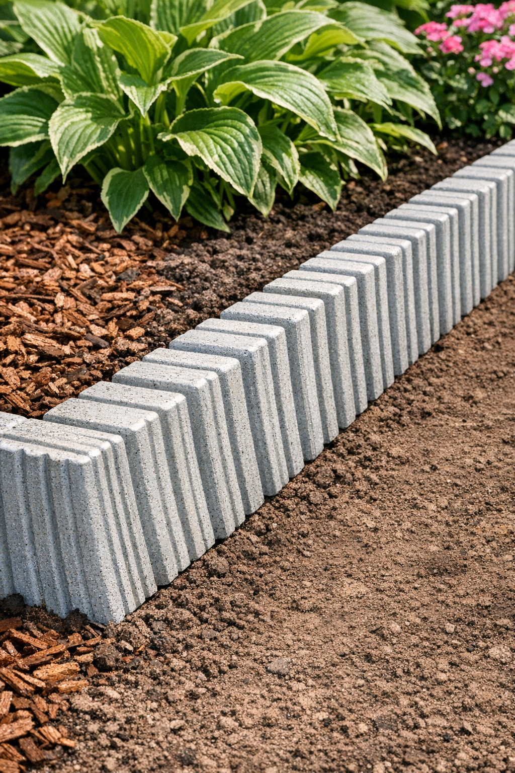 Completed ridged cement landscape edging installed along a garden bed