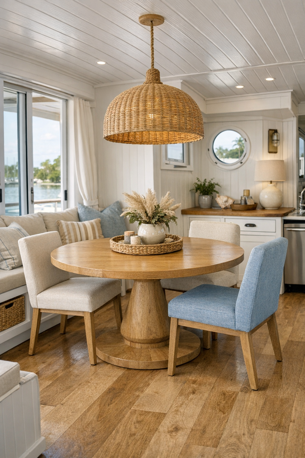 Coastal dining area with round oak table and woven pendant lighting