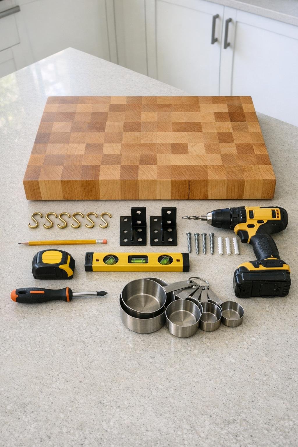 Materials for a wall-mounted cutting board measuring cup rack laid out neatly