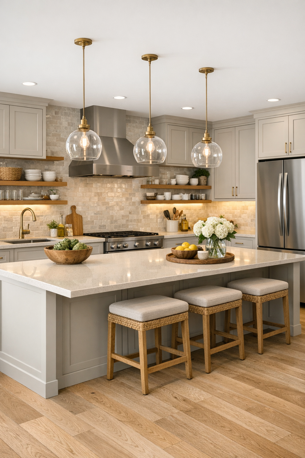 Barrier-free Lowcountry kitchen with putty cabinetry and quartz counters