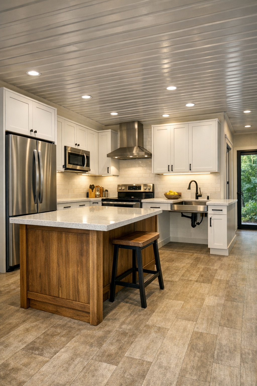 Accessible modern kitchen with warm white cabinets, quartz counters, and a wood-toned island