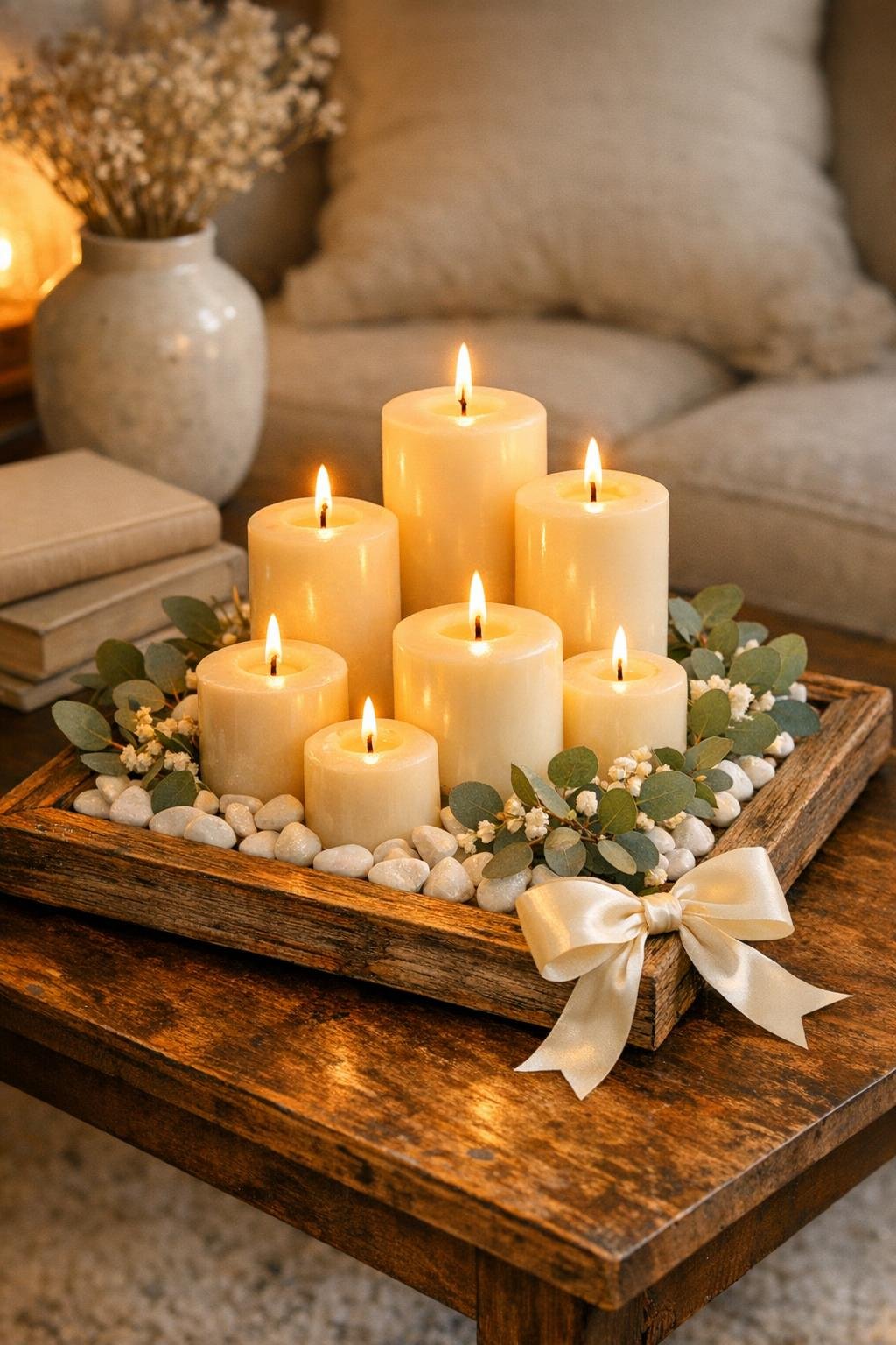 Finished candle cluster tray styled on a living room table