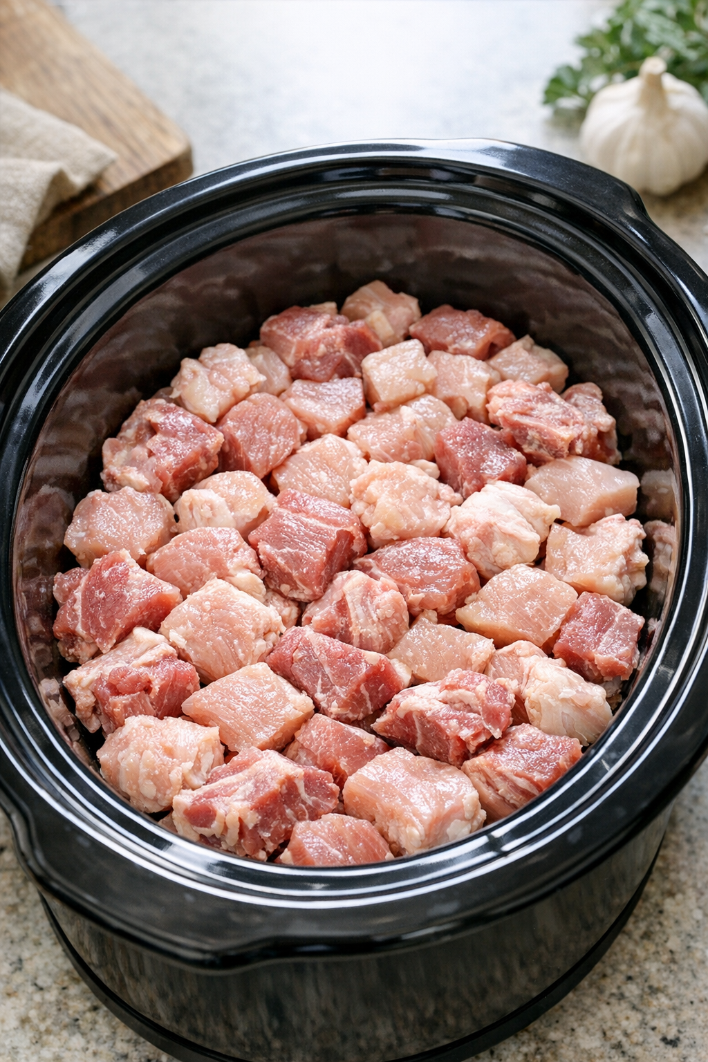 Protein chunks placed in the slow cooker