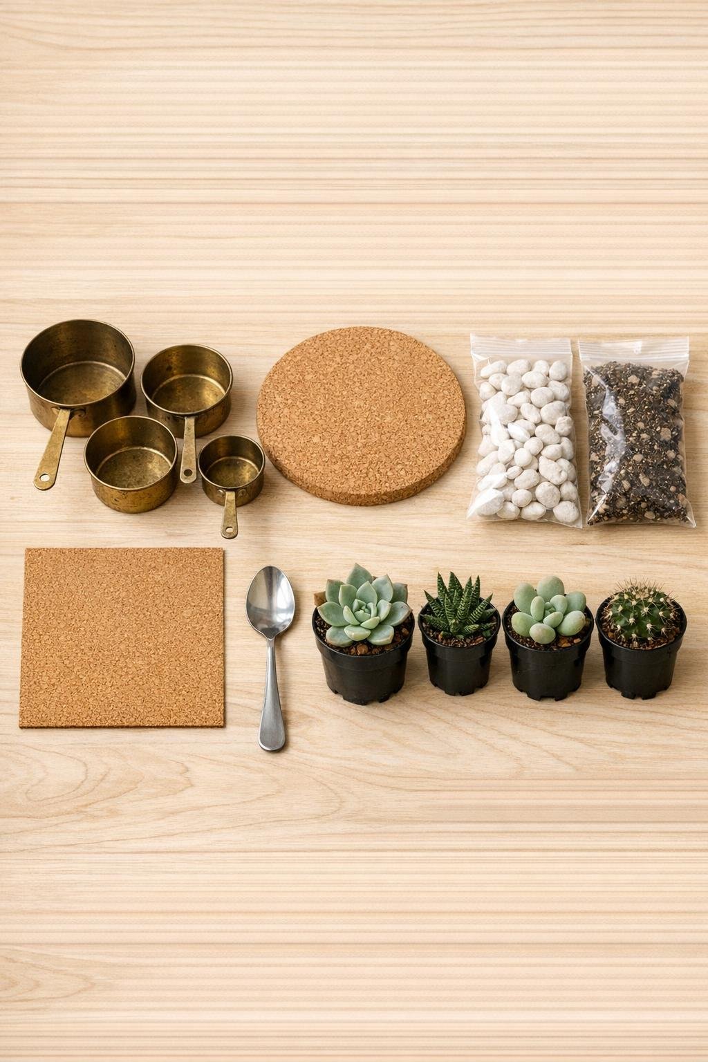 Materials laid out for a brass measuring cup succulent planter