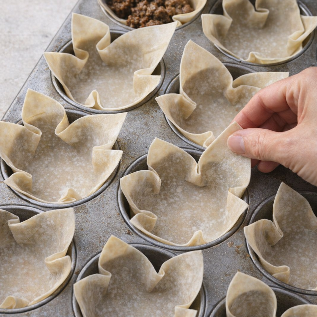 Wonton wrappers pressed into a muffin tin