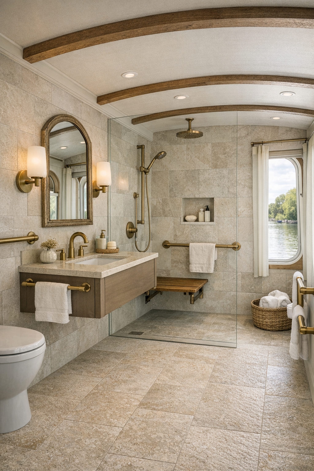 Accessible French country bathroom with curbless shower, stone-look tile, and warm brass accents