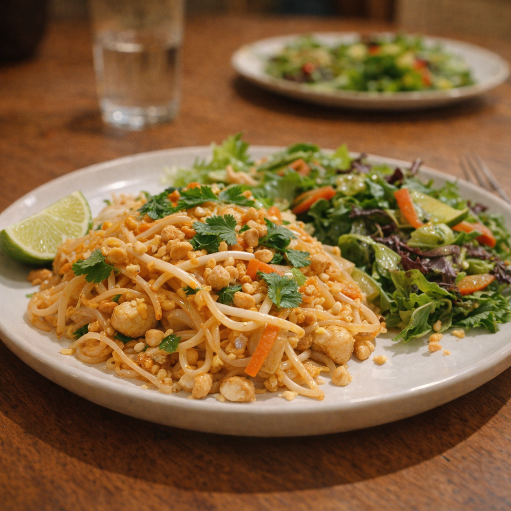 Weeknight dinner plate with Pad Thai casserole and salad