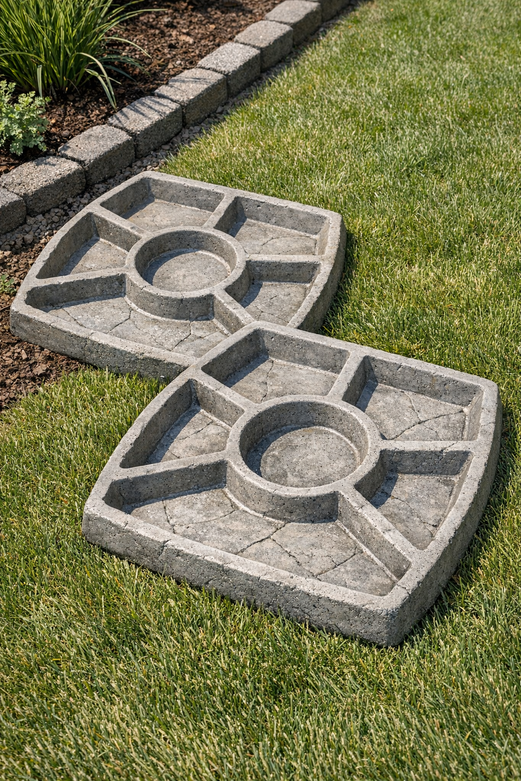 Finished sectioned cement yard slabs placed in a landscaped yard