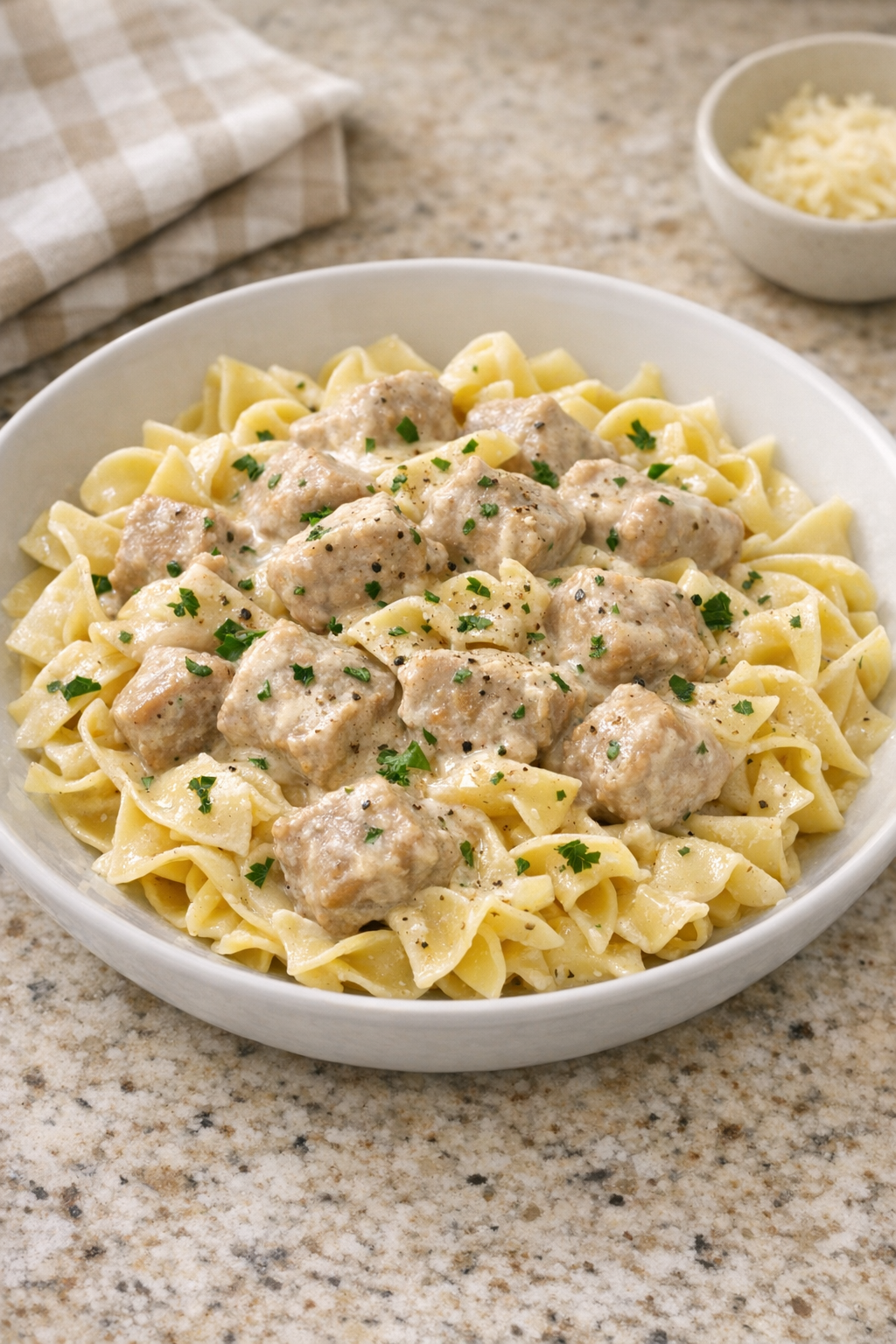 Creamy pork pasta served in a shallow bowl