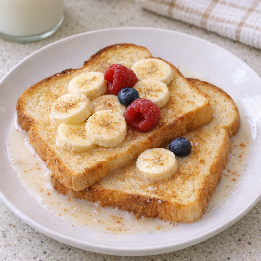 Milk toast topped with bananas and berries