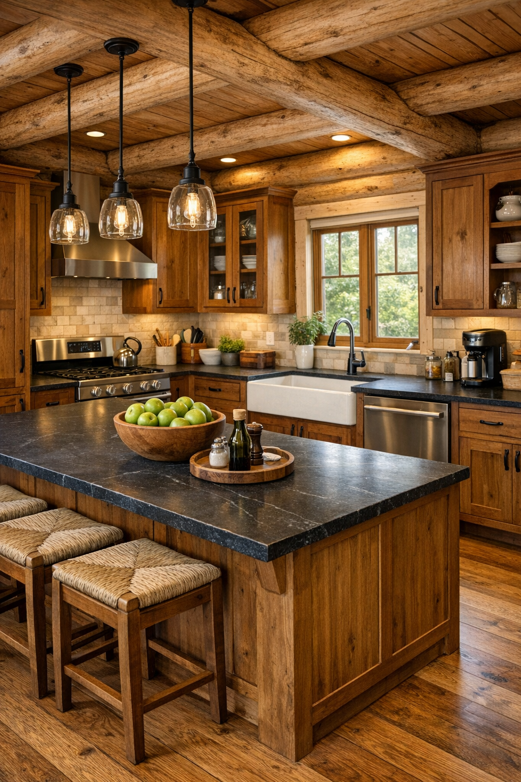Kitchen with custom Amish-built cabinetry, large island, and dark stone counters