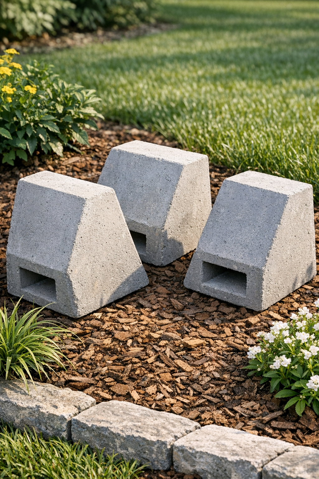 Finished set of three angled concrete yard blocks made from dustpan molds