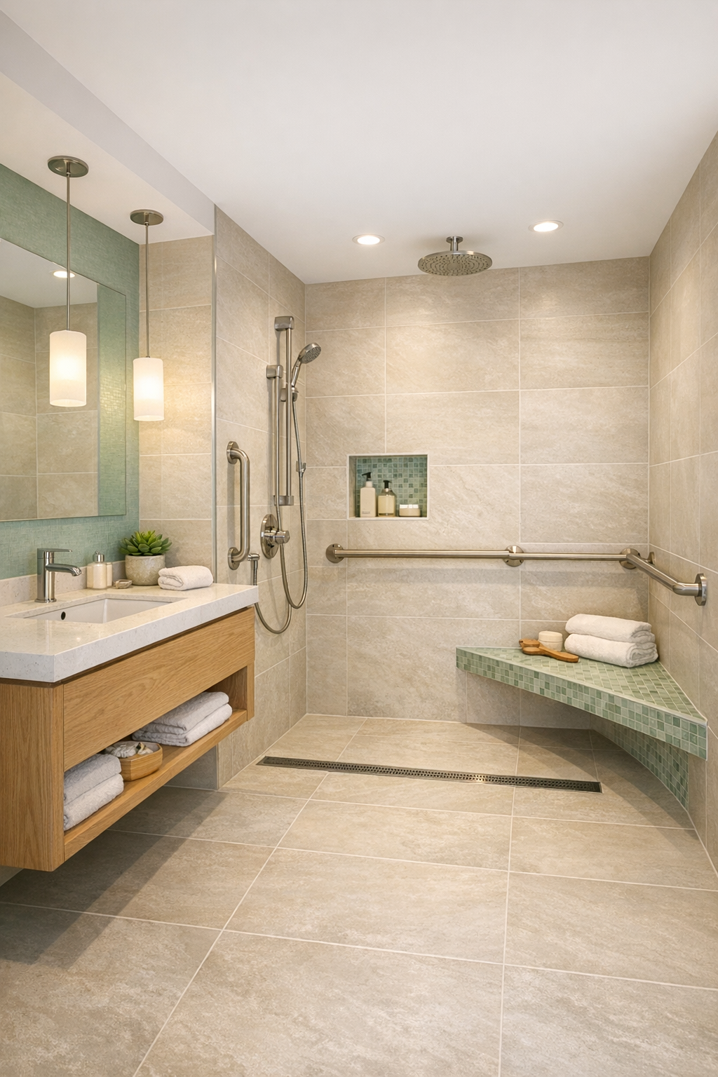Bright accessible tiny home bathroom with curbless shower, white oak vanity, and sea-glass tile accents