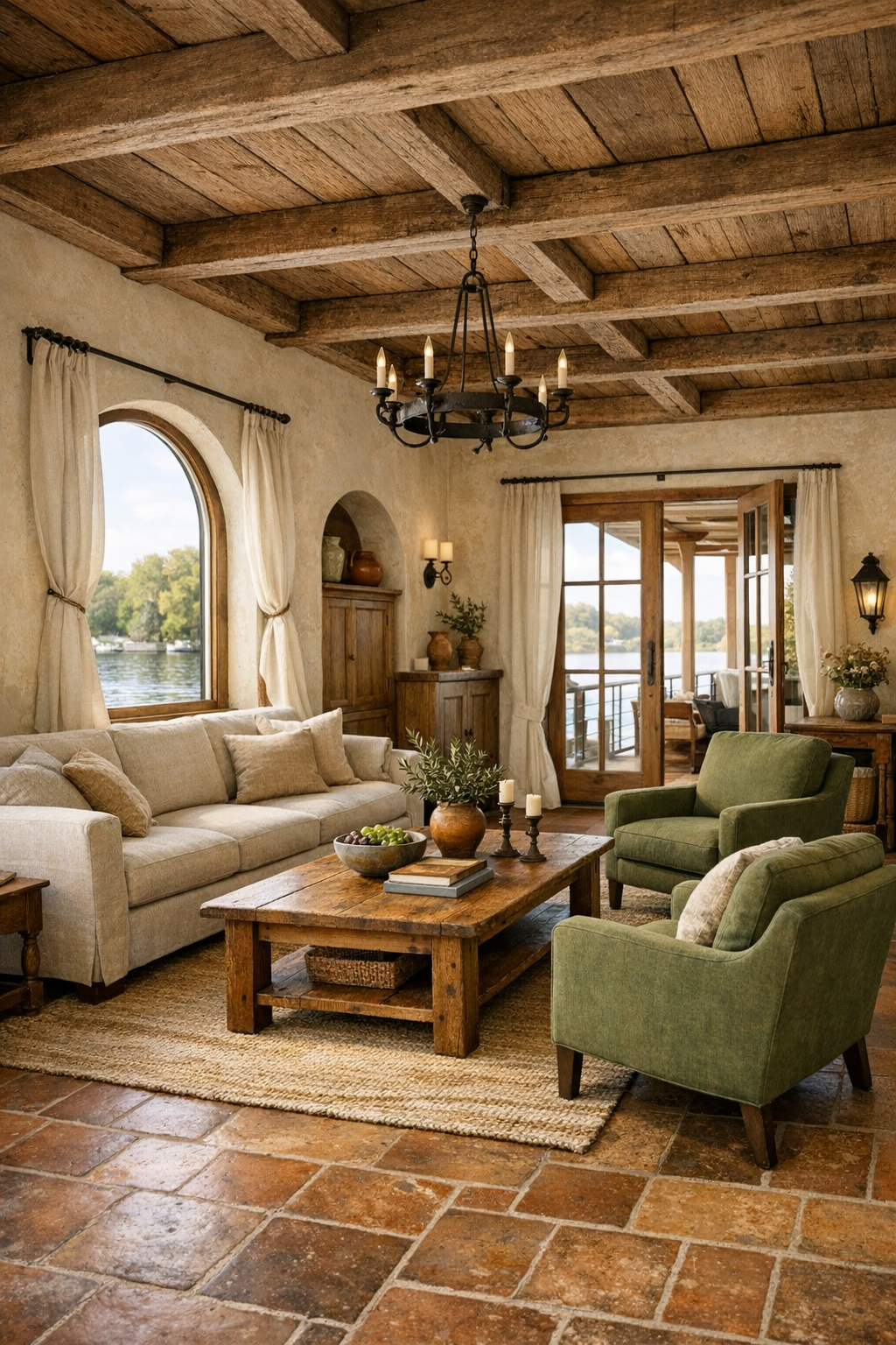 Living room with Tuscan villa styling, plaster walls, exposed beams, and wide barrier-free layout facing the water