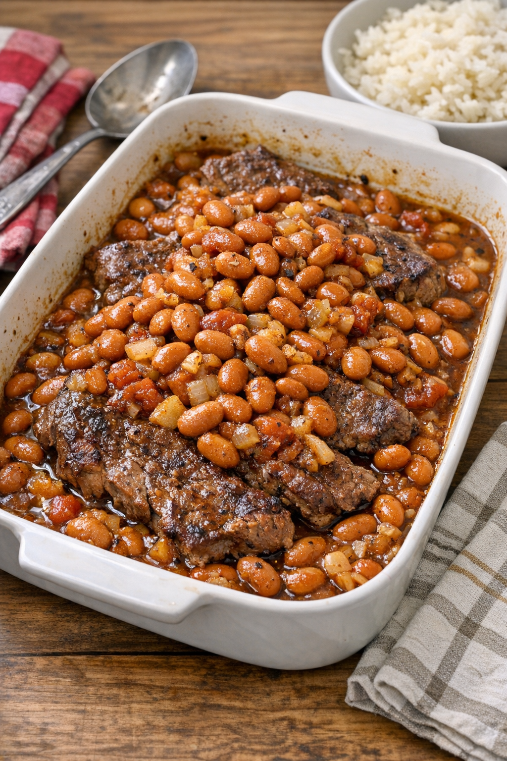 Finished Amish beef and pinto bean bake in a baking dish