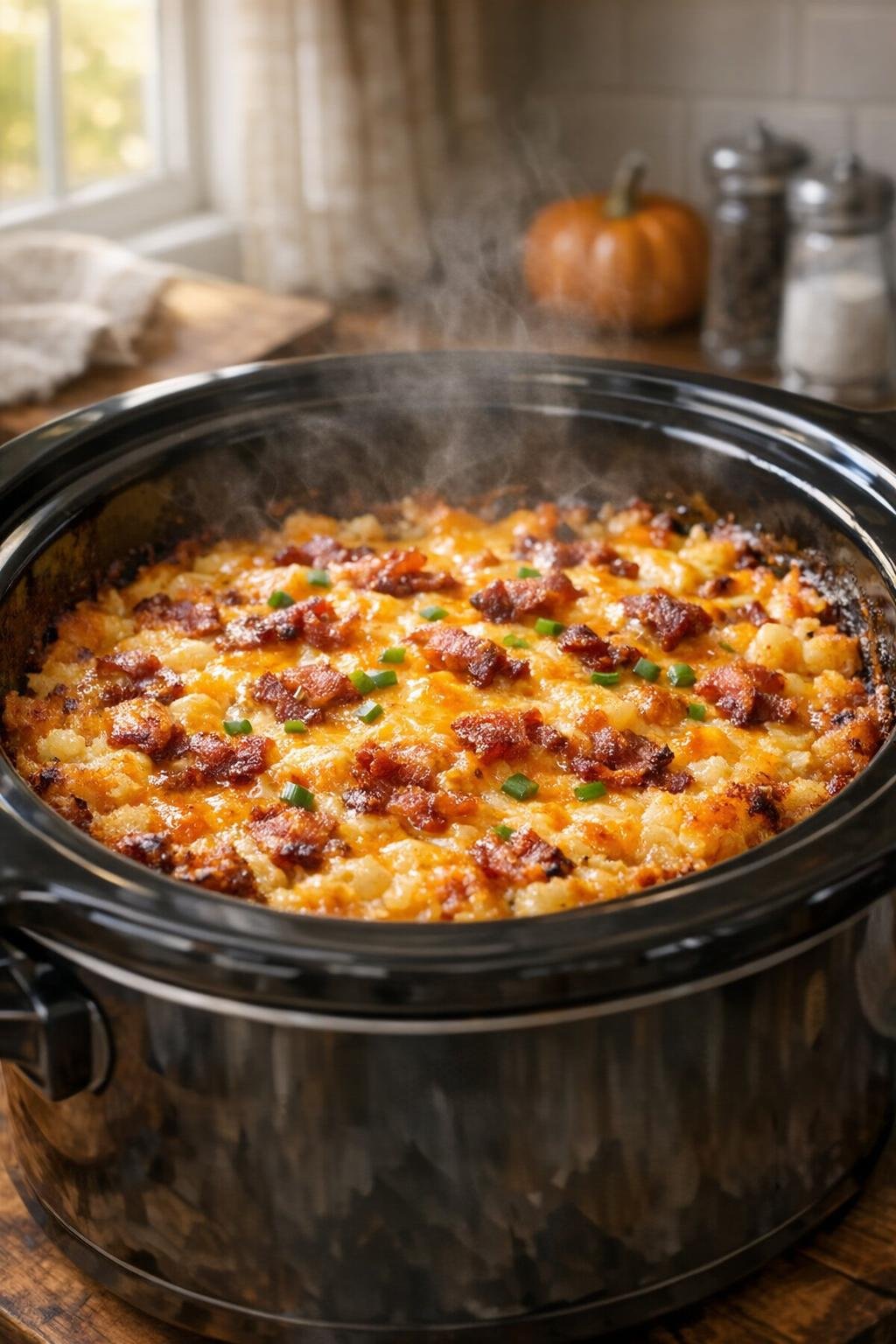 Een ovenschotel met aardappelrösti staat te pruttelen in de slowcooker.