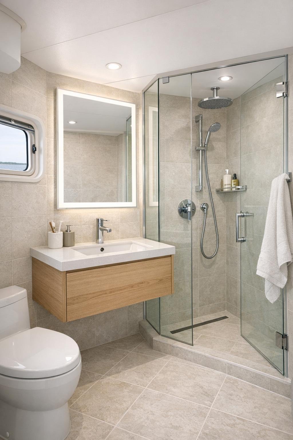 Compact bathroom with pale stone tile, a floating oak vanity, and a frameless glass shower