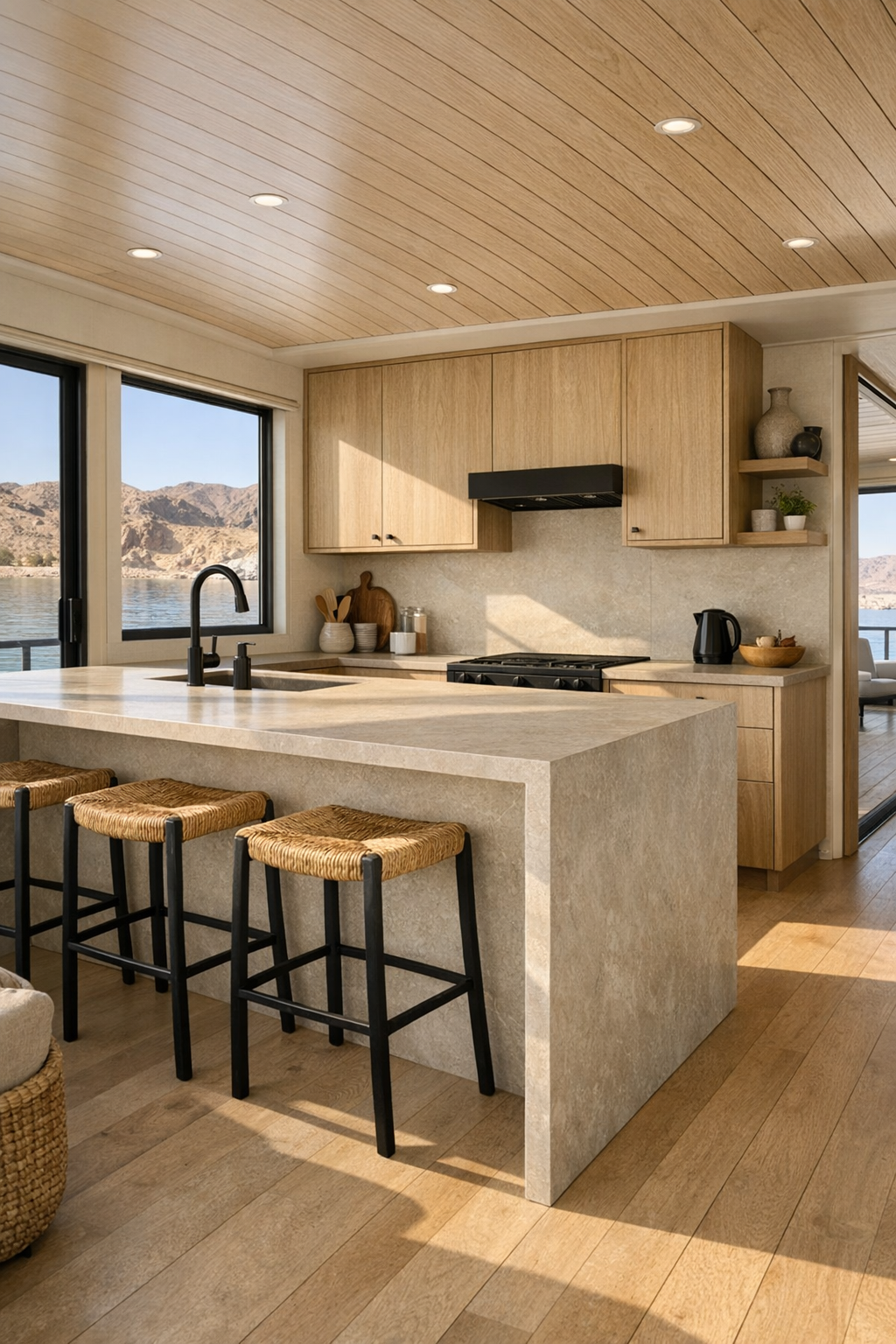 Accessible desert modern kitchen with a waterfall island, light wood cabinetry, and soft stone surfaces
