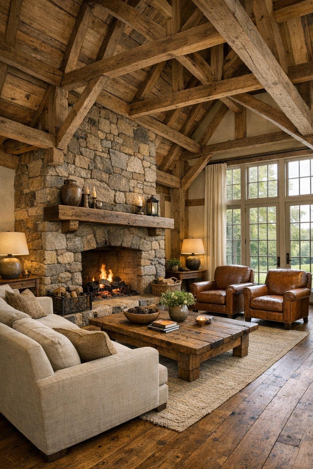 Living room with exposed barn beams, a stone fireplace, and relaxed farmhouse seating