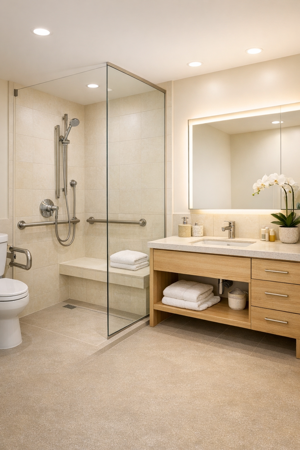 Elegant accessible bathroom with curbless shower and warm neutral finishes