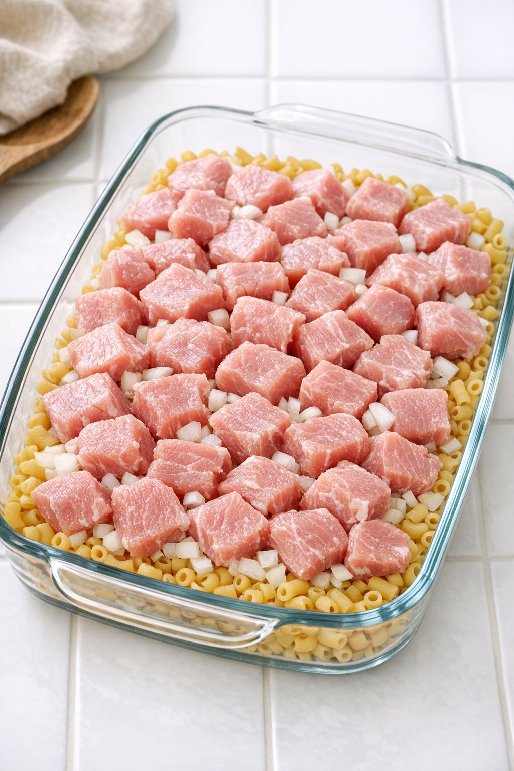 Cubed raw pork loin layered over dry macaroni in a glass casserole dish